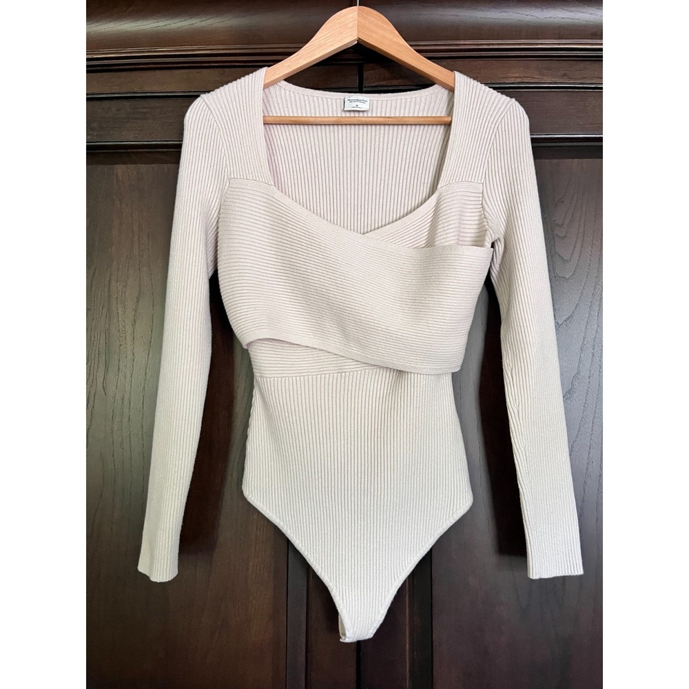 Abercrombie & Fitch AF Soft Ribbed Boat Neck Bodysuit Size M Tan Minimalist Oat